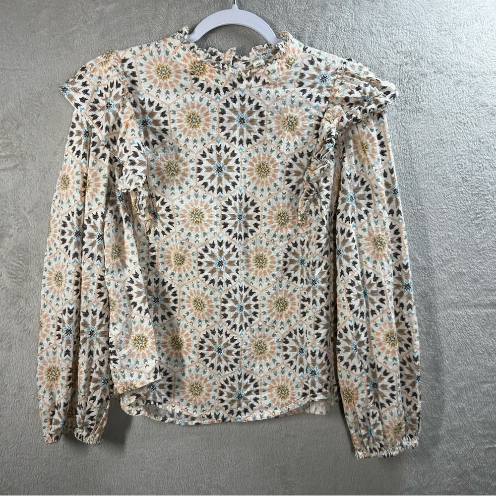 ANA‎ Ivory Southwest Aztec Ruffles Balloon Sleeve Lightweight Top Size 0X XL